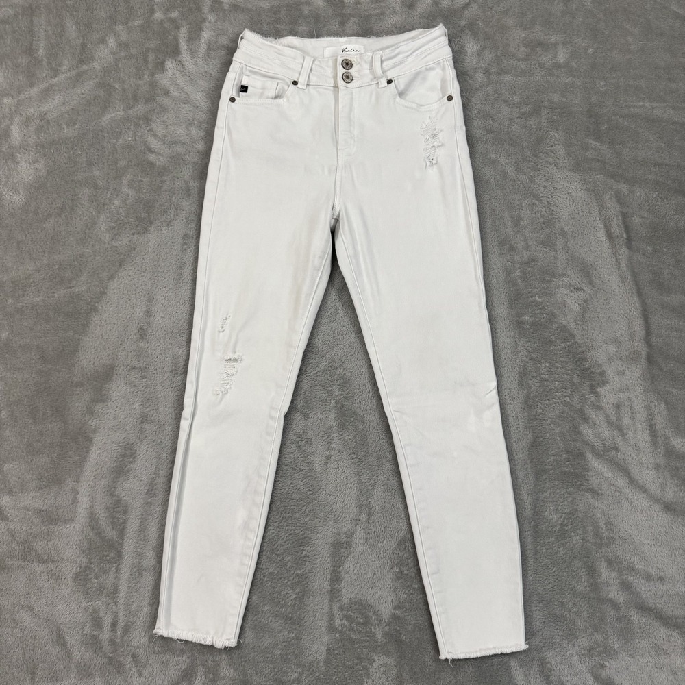 Kancan Jeans Womens 7/27 White High Rise‎ Ankle Skinny Raw Hem Double Button
